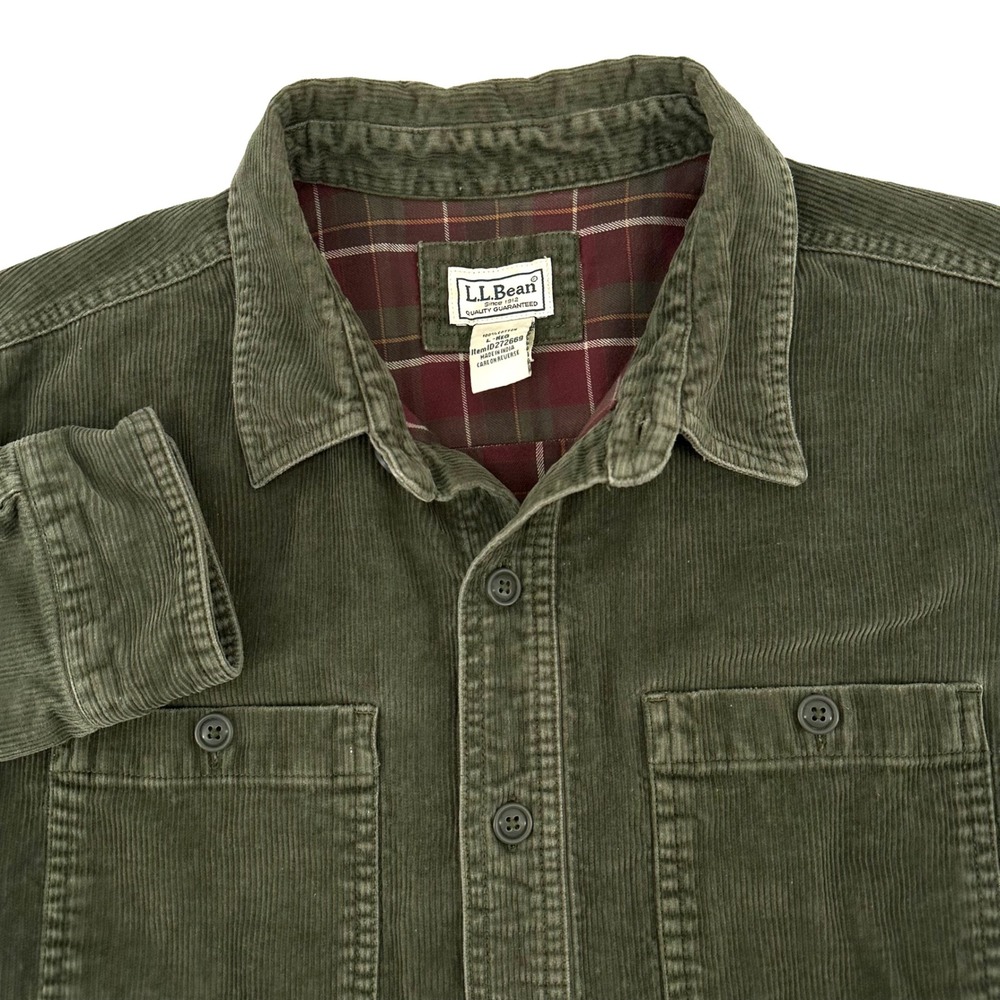 LL Bean Mens Corduroy Shirt Jacket Green Flannel Lined Plaid L-REG
